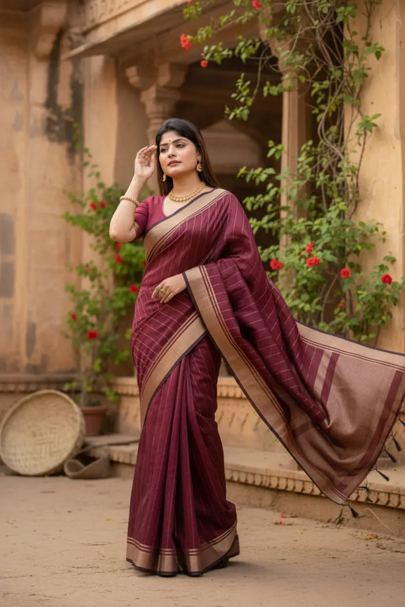 Women's maroon silk printed saree with unstitched blouse  5