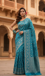 Load image into Gallery viewer, Women's Silk Printed Saree With Unstitched Blouse 5.5Mtr (Sky Blue) Kashvii
