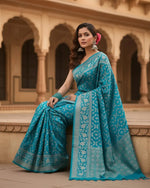 Load image into Gallery viewer, Women's Silk Printed Saree With Unstitched Blouse 5.5Mtr (Sky Blue) Kashvii
