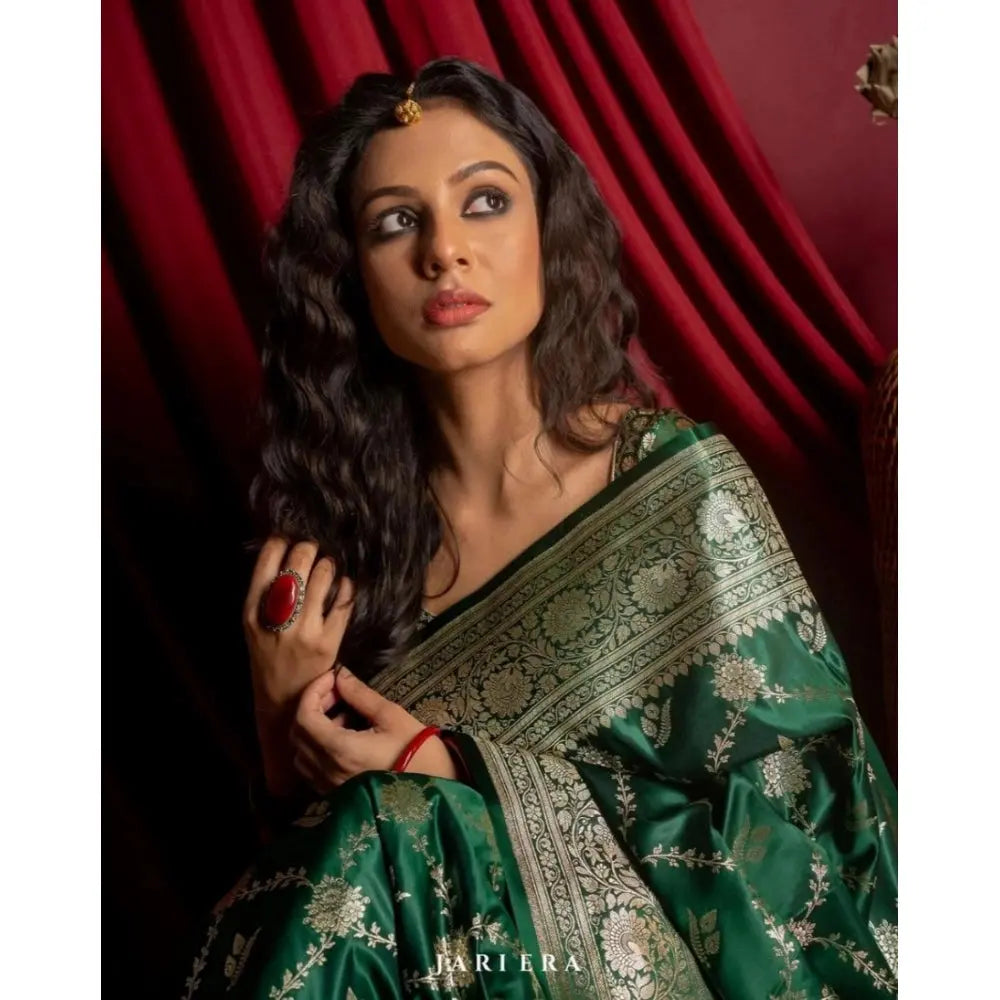 Women's Dark Green Silk Printed Saree With Unstitched Blouse -5.5Mtr Kashvii