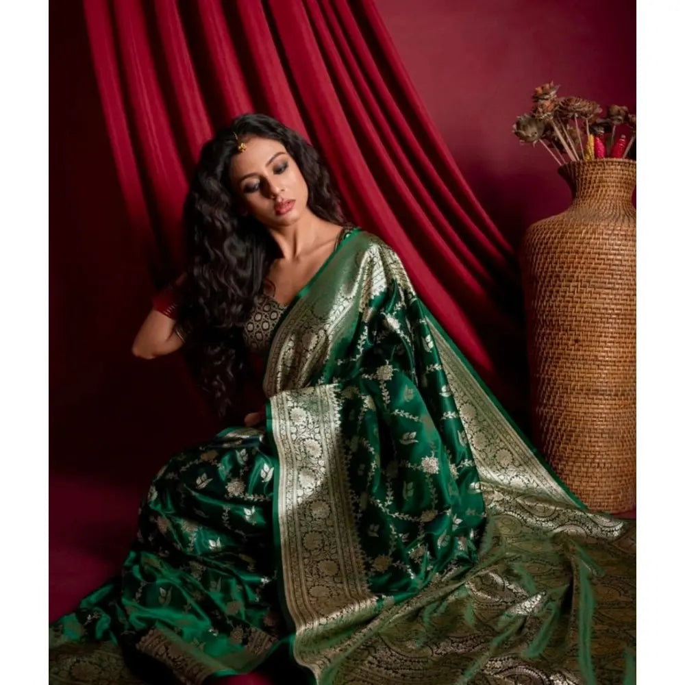 Women's Dark Green Silk Printed Saree With Unstitched Blouse -5.5Mtr Kashvii