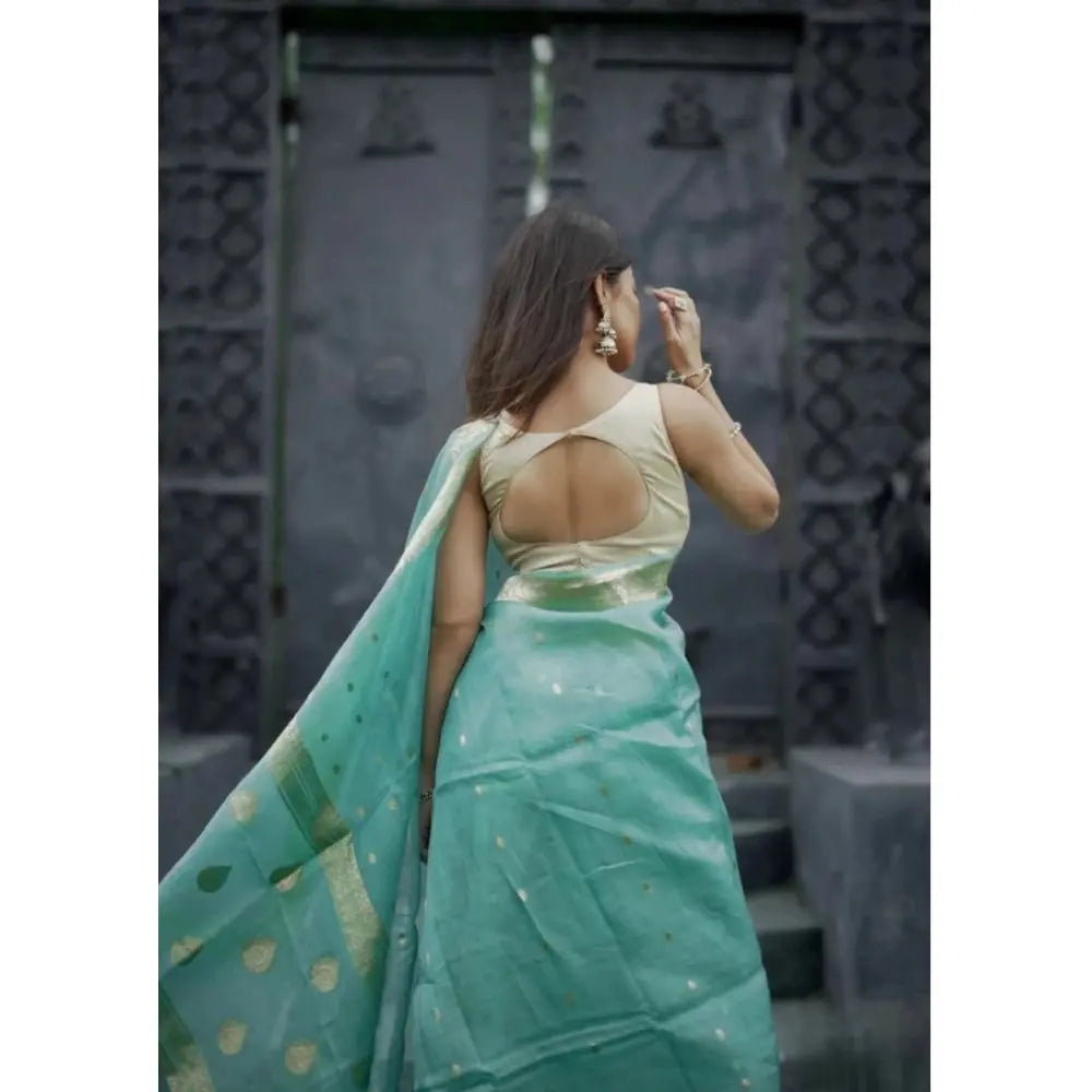 Women's Cotton  Printed Saree With Unstitched Blouse 5.5Mtr (Sky) Kashvii