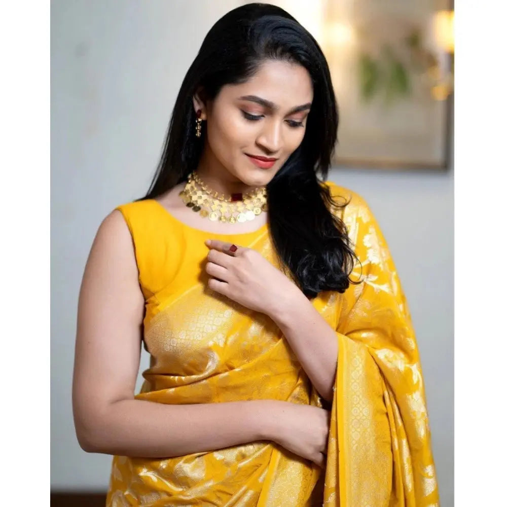 Women's Yellow Silk Printed Saree With Unstitched Blouse -5.5Mtr Kashvii