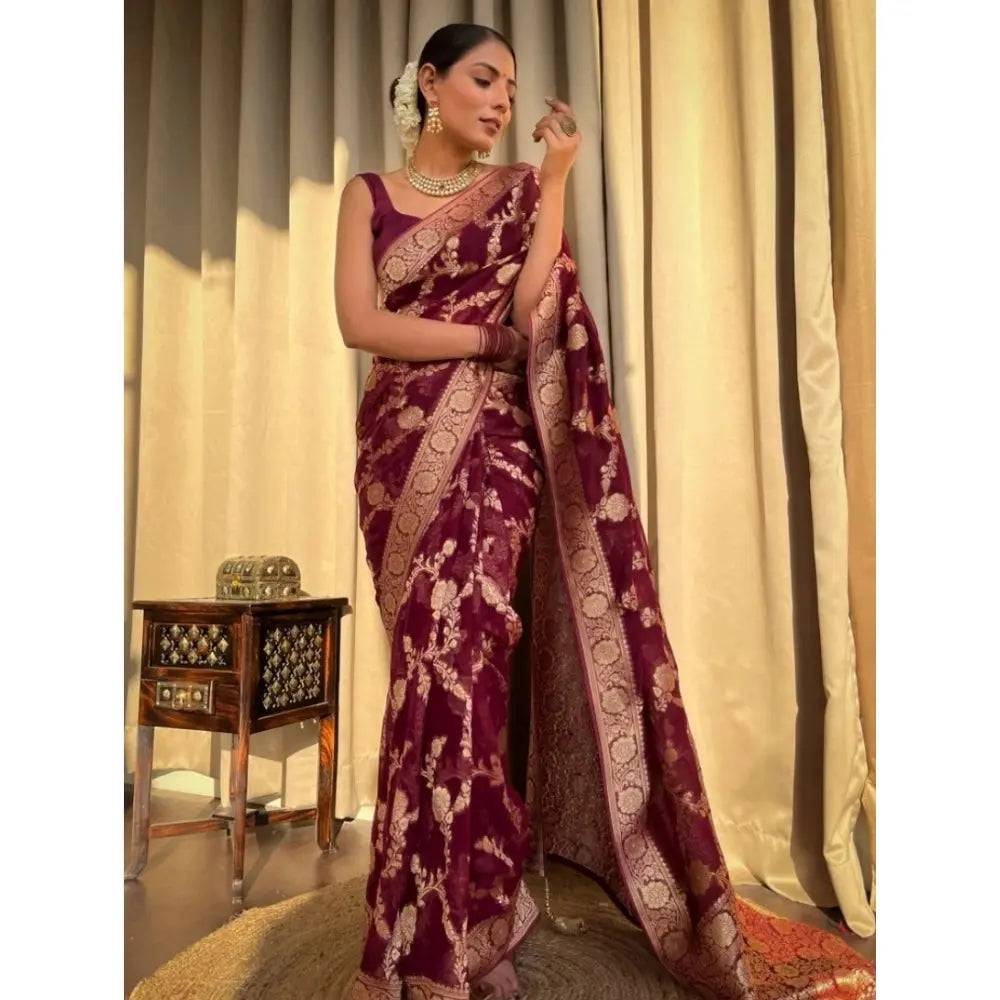 Women's Silk Printed Saree With Unstitched Blouse 5.5Mtr (Maroon) Kashvii