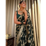 Load image into Gallery viewer, Women's Dark Green Silk Printed Saree With Unstitched Blouse 5.5Mtr Kashvii
