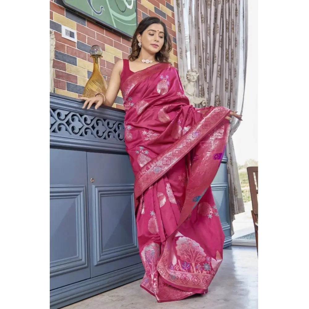 Women's Rani Pink  Silk Printed Saree With Unstitched Blouse -5.5Mtr Kashvii