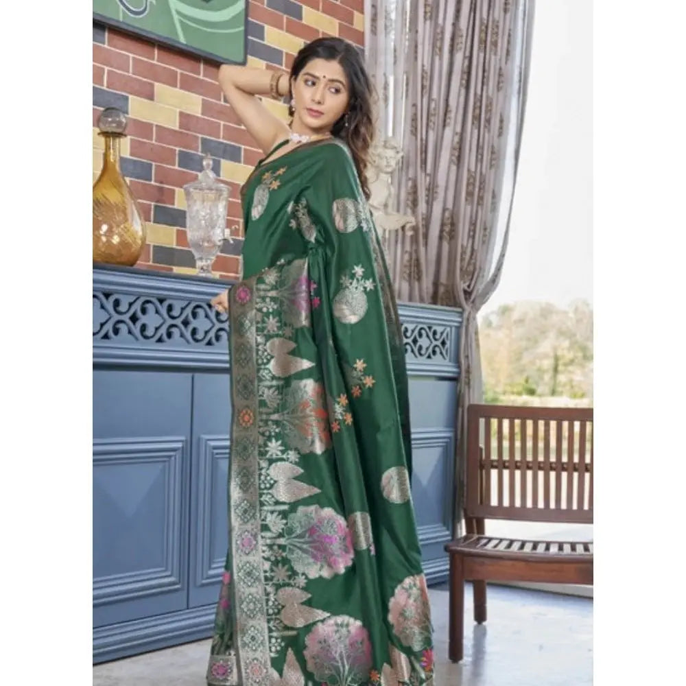Women's Green Silk Printed Saree With Unstitched Blouse -5.5Mtr Kashvii