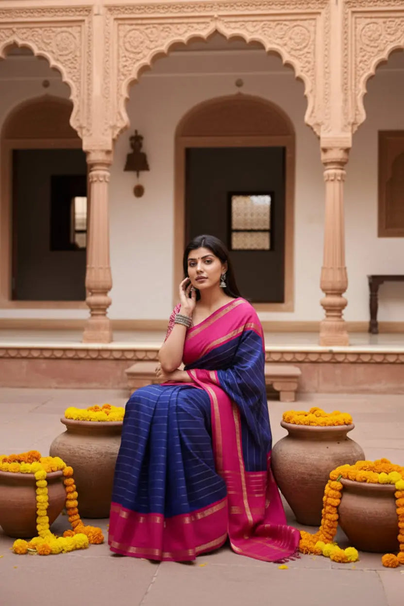 Women's Navy Blue Silk Printed Saree With Unstitched Blouse -5.5Mtr Kashvii