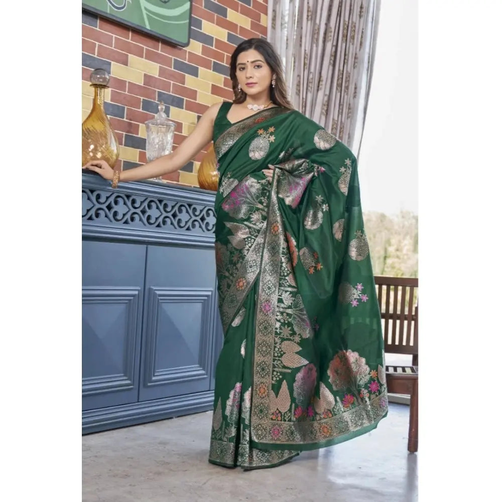 Women's Green Silk Printed Saree With Unstitched Blouse -5.5Mtr Kashvii