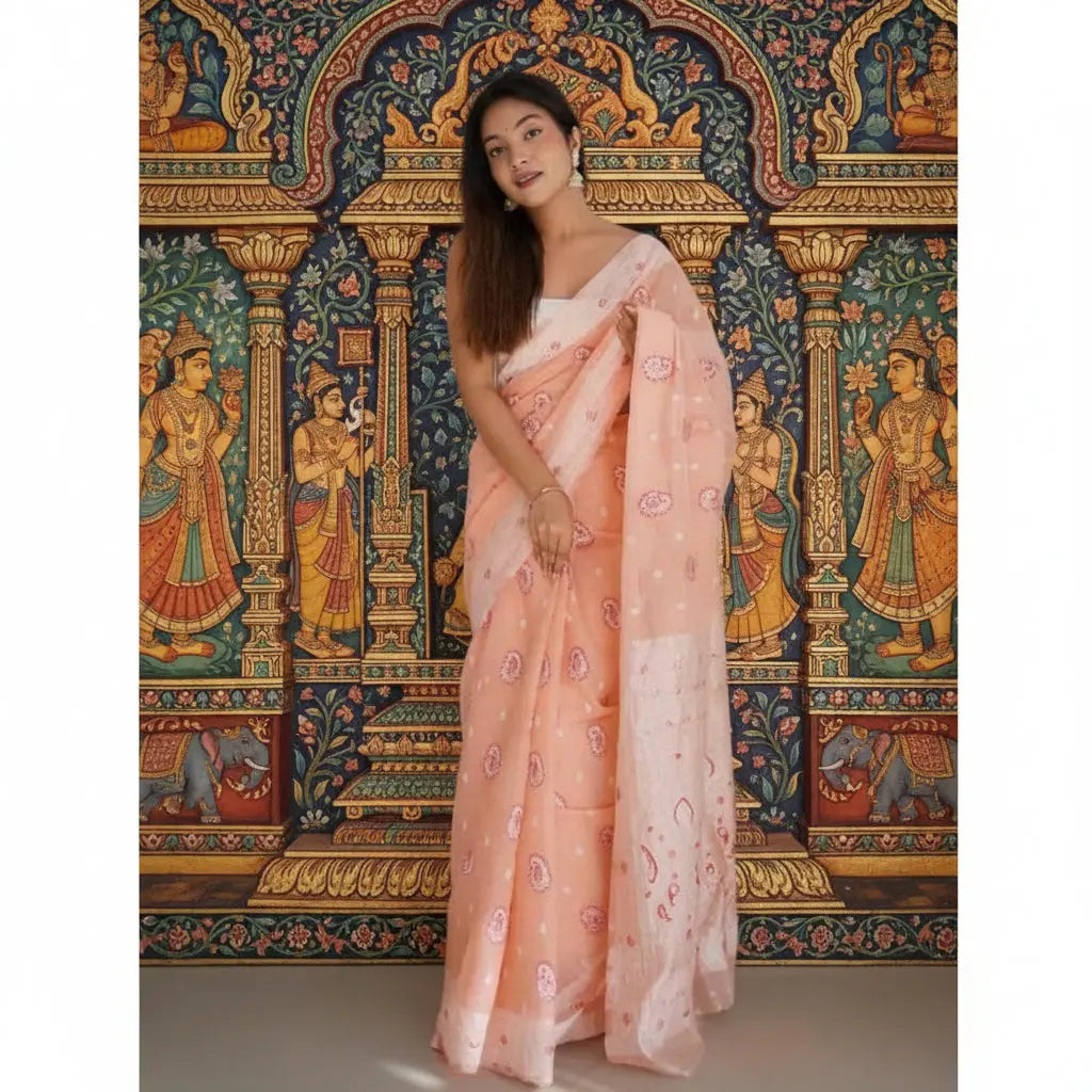 Women's Cotton  Printed Saree With Unstitched Blouse 5.5Mtr (Peach) Kashvii