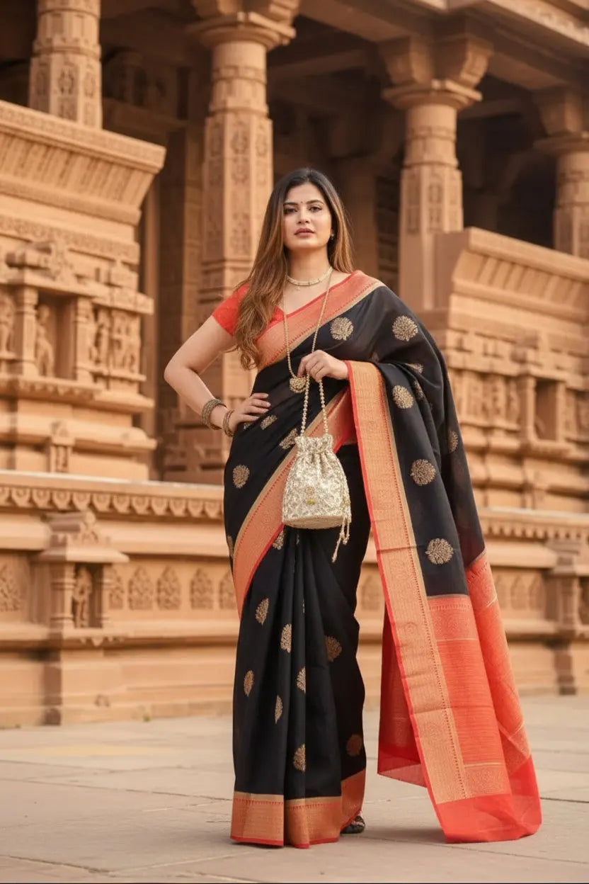 Women's Black Red Silk Printed Saree With Unstitched Blouse -5.5Mtr Kashvii