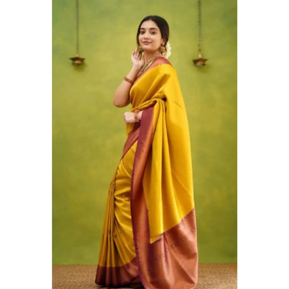 Women's Silk Printed Saree With Unstitched Blouse 5.5Mtr (Yellow) Kashvii