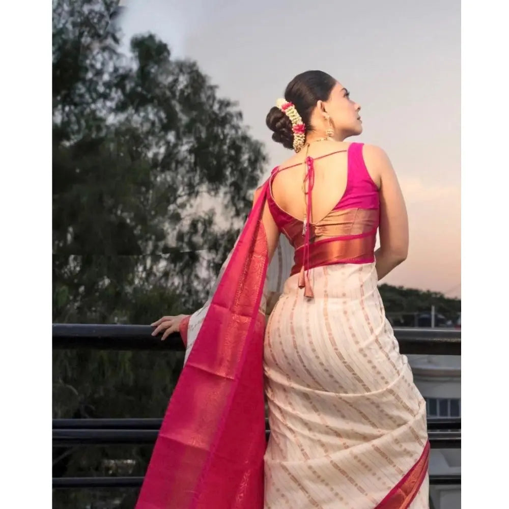 Women's Silk Printed Saree With Unstitched Blouse 5.5Mtr (White-Pink) Kashvii