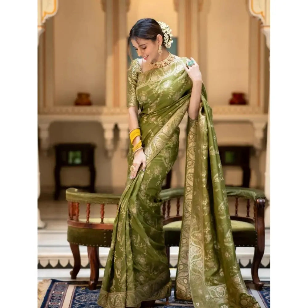 Women's Olive Green Silk Printed Saree With Unstitched Blouse -5.5Mtr Kashvii