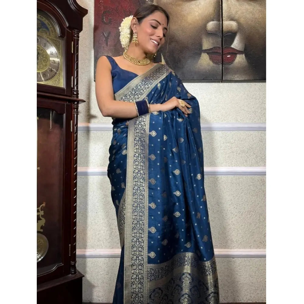 Women's Rama Silk Printed Saree With Unstitched Blouse -5.5Mtr Kashvii