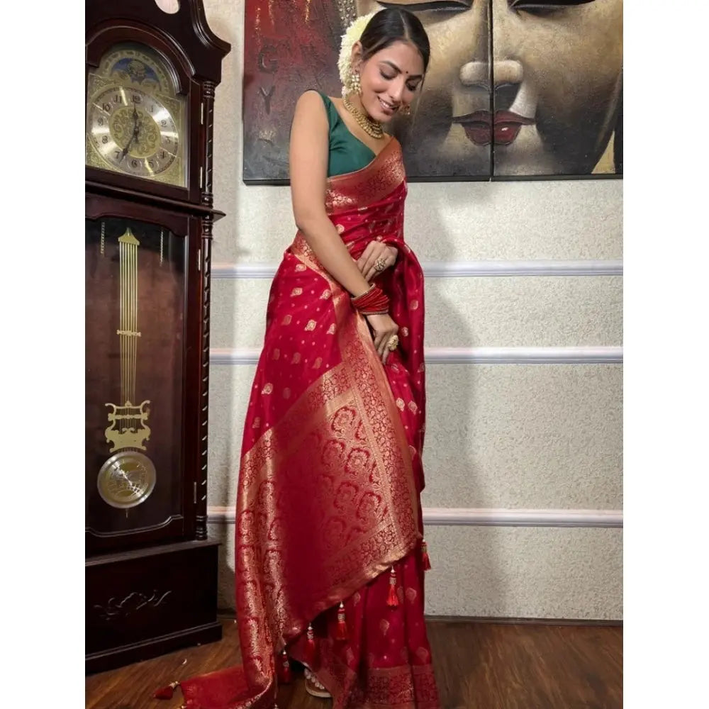 Women's Red Silk Printed Saree With Unstitched Blouse- 5.5Mtr Kashvii