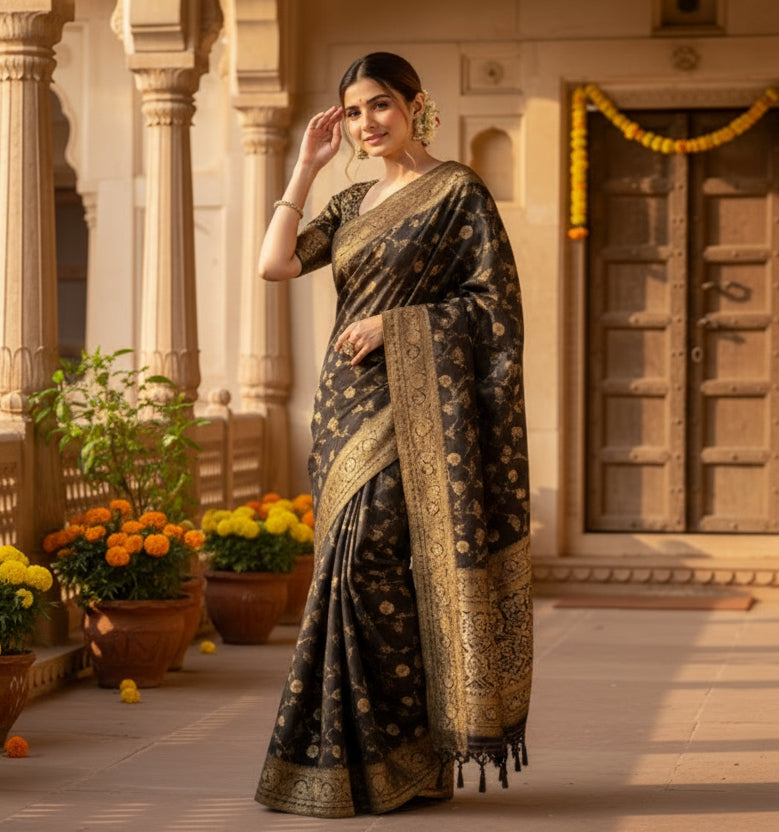 Women's Silk Printed Saree With Unstitched Blouse 5.5Mtr (Black) Kashvii