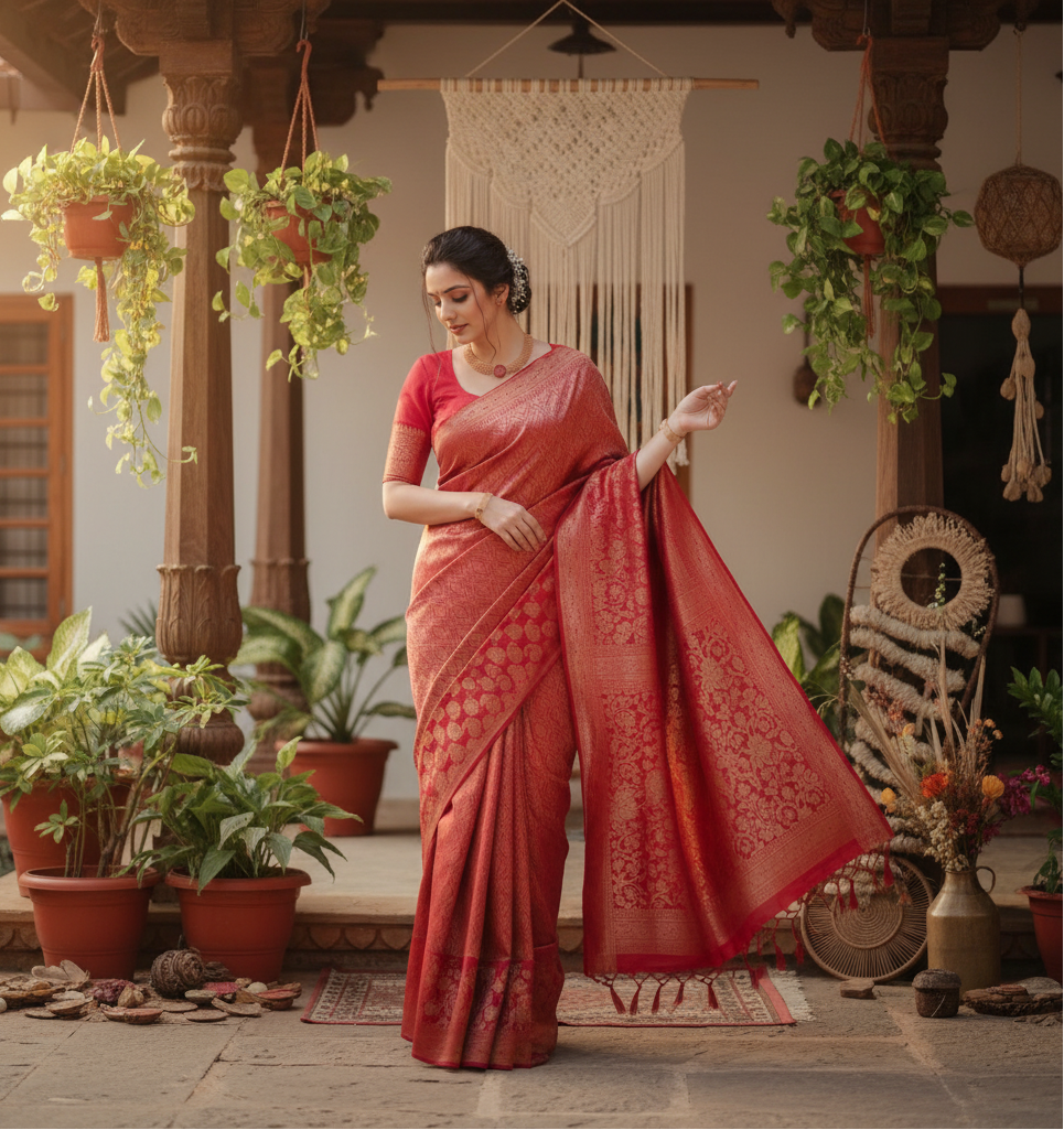 Women's Silk Printed Saree With Unstitched Blouse 5.5Mtr (Red) Kashvii