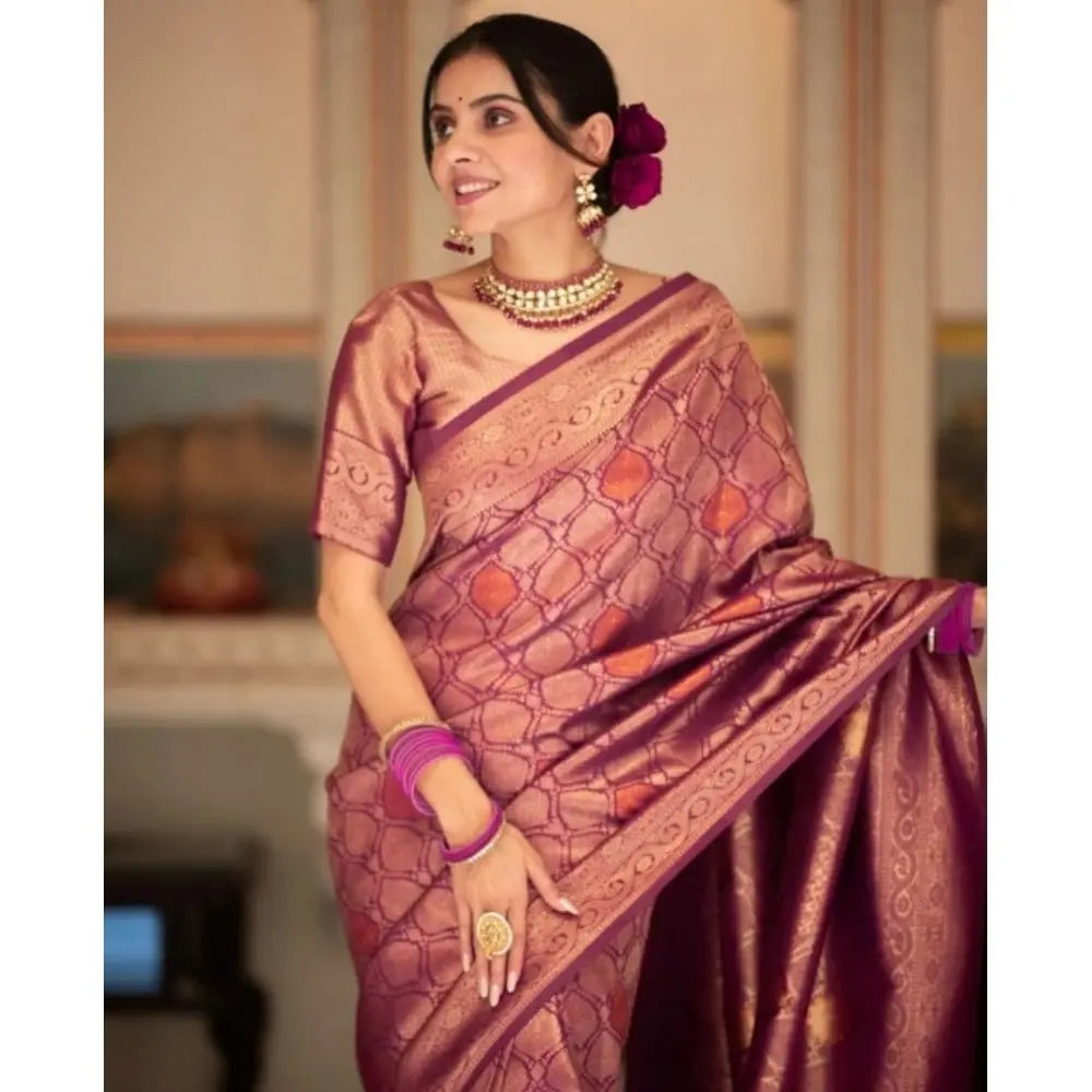 Women's Wine Silk Printed Saree With Unstitched Blouse- 5.5Mtr Kashvii