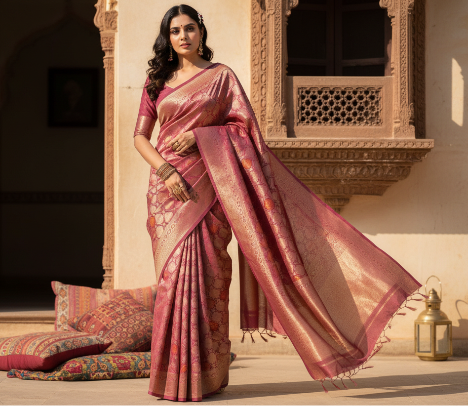 Women's wine silk printed saree with unstitched blouse  5