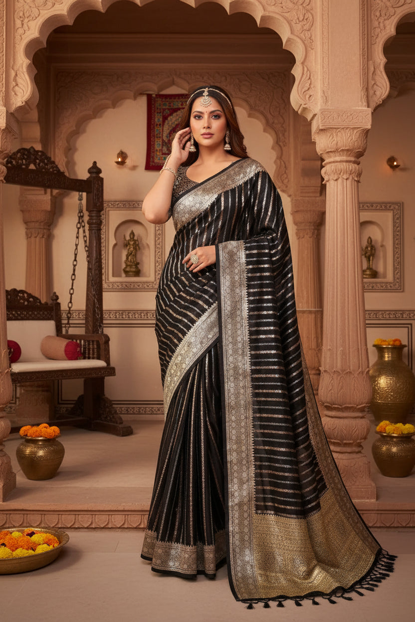 Women's silk printed saree with unstitched blouse 5
