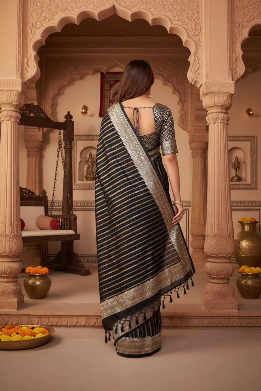 Women's silk printed saree with unstitched blouse 5