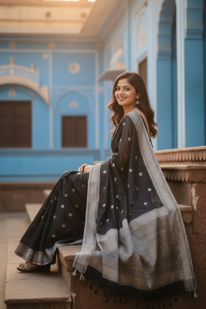 Women's Black Silk Printed Saree With Unstitched Blouse -5.5Mtr Kashvii