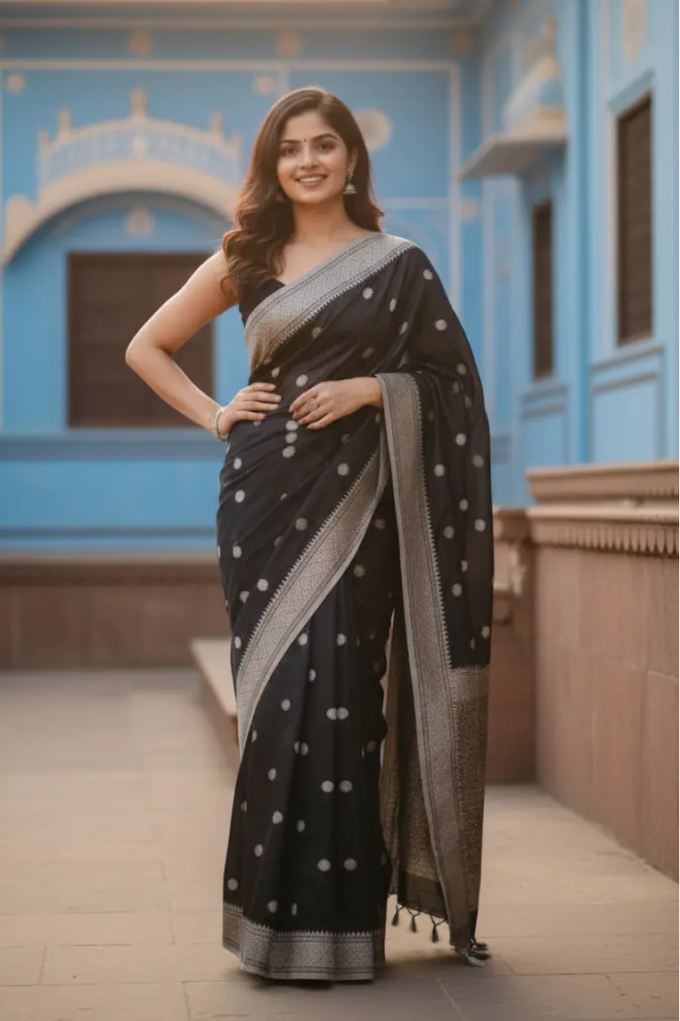 Women's Black Silk Printed Saree With Unstitched Blouse -5.5Mtr Kashvii