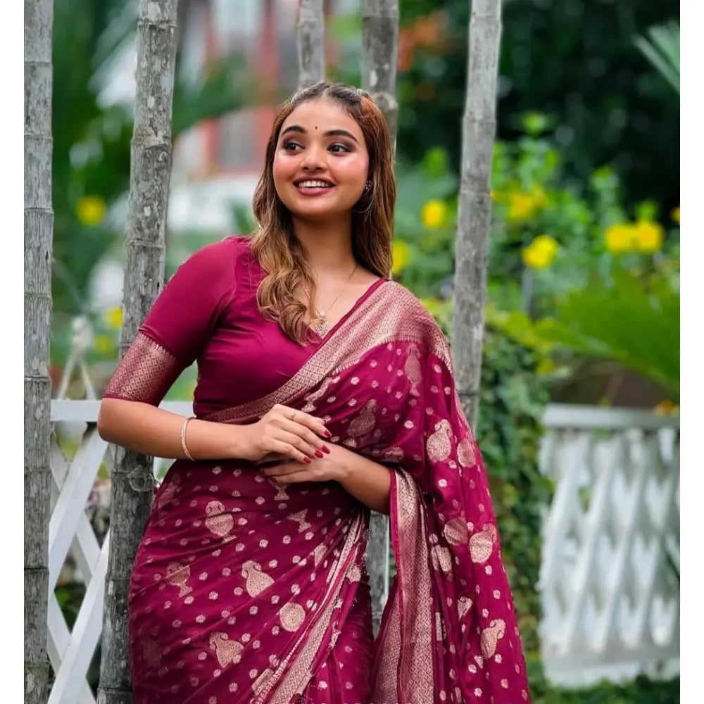 Women's Wine Silk Printed Saree With Unstitched Blouse -5.5Mtr Kashvii