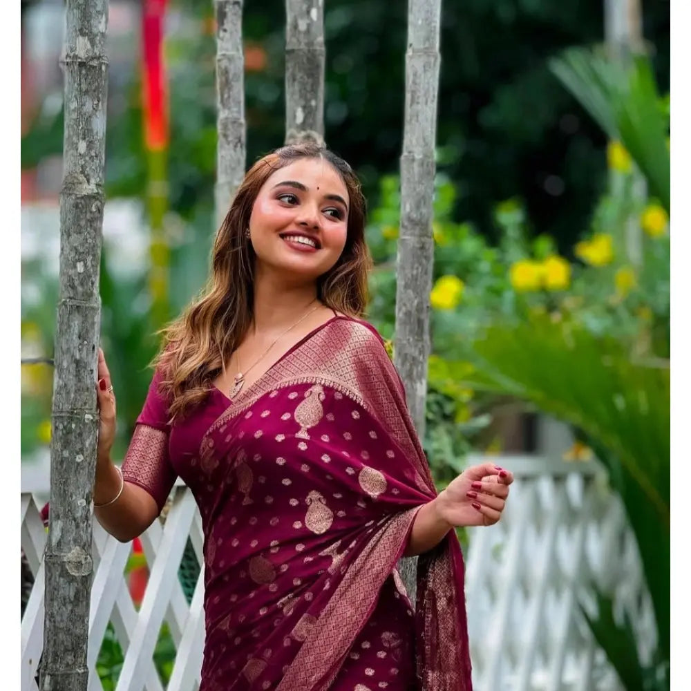 Women's Wine Silk Printed Saree With Unstitched Blouse -5.5Mtr Kashvii
