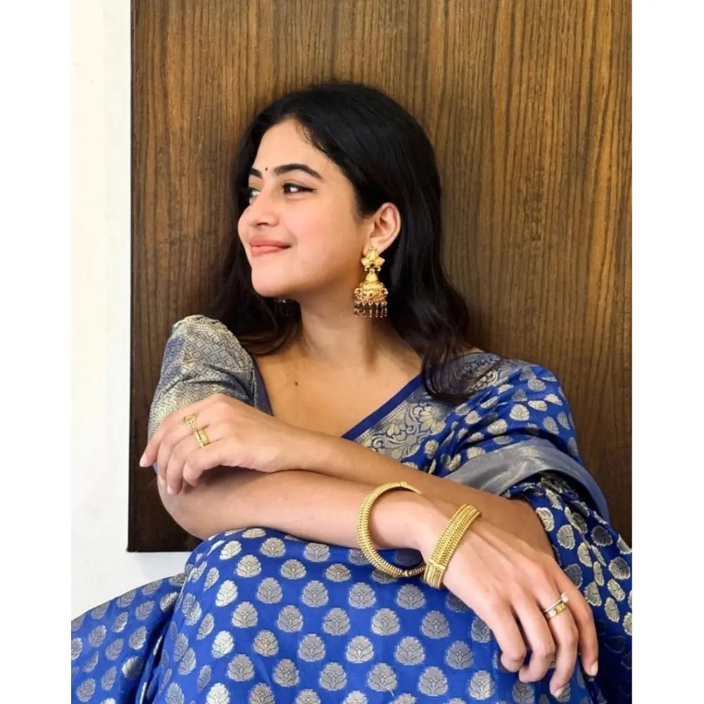 Women's Royal Blue Silk Printed Saree With Unstitched Blouse -5.5Mtr Kashvii