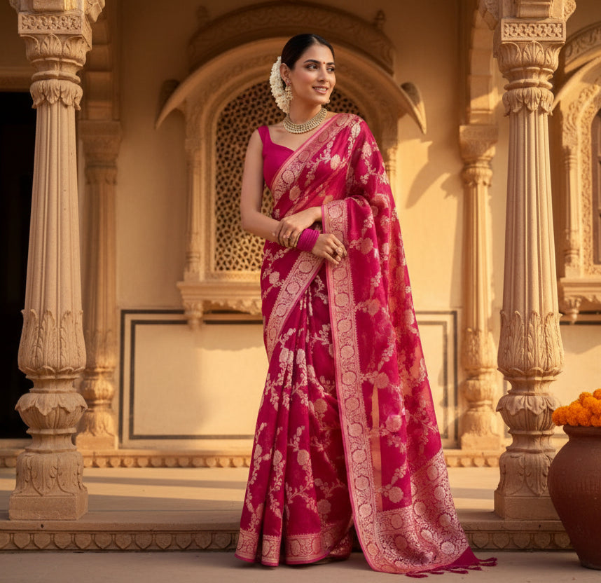 Women's Pink Silk Printed Saree With Unstitched Blouse -5.5Mtr Kashvii