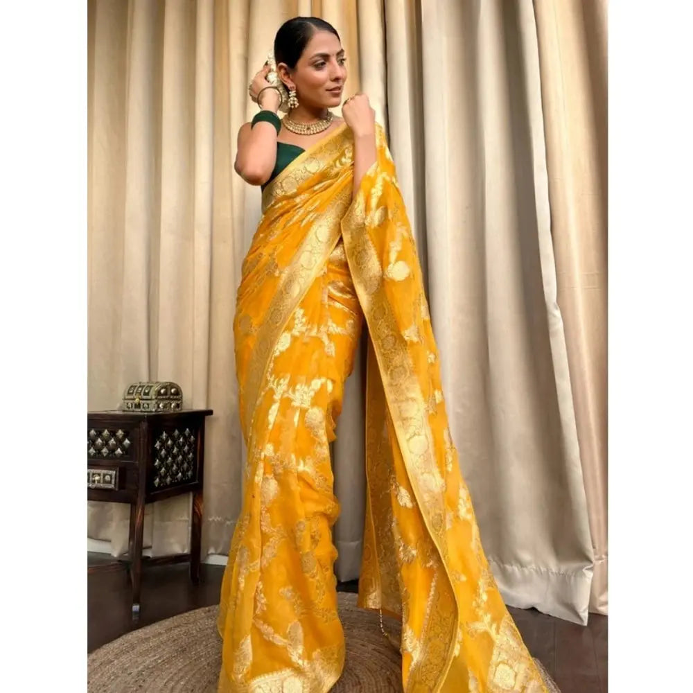 Women's Gold Yellow Silk Printed Saree With Unstitched Blouse- 5.5Mtr Kashvii