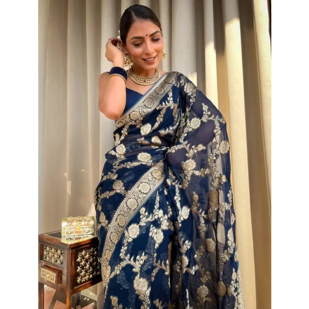 Women's Dark Blue Silk Printed Saree With Unstitched Blouse -5.5Mtr Kashvii