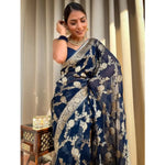 Load image into Gallery viewer, Women's Dark Blue Silk Printed Saree With Unstitched Blouse -5.5Mtr Kashvii
