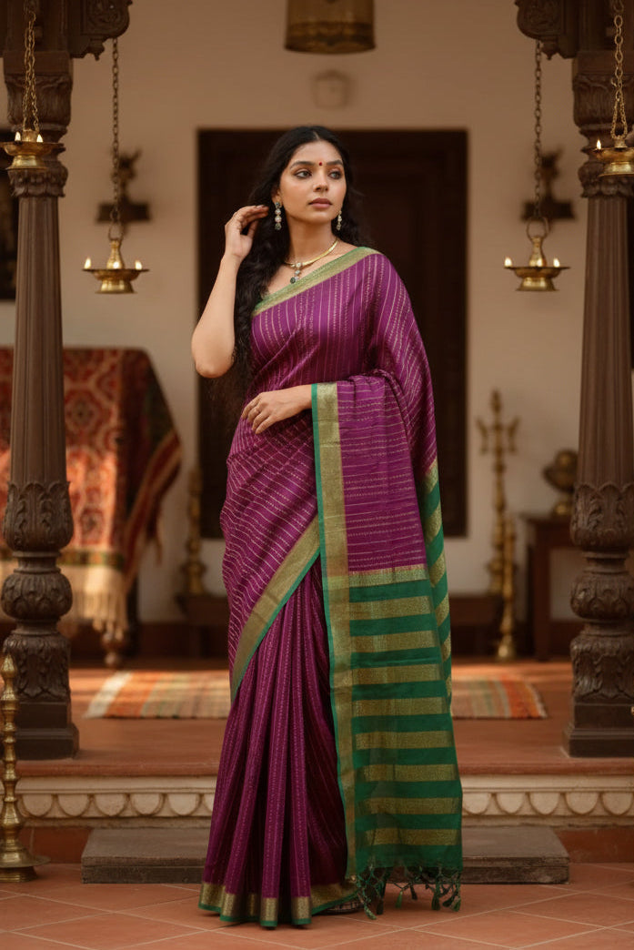 Women's wine color silk printed saree with unstitched blouse  5