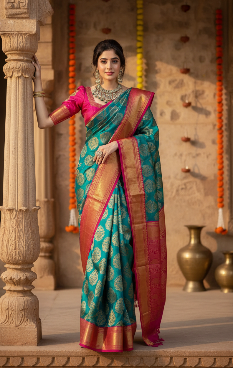 Women's Teal Blue Silk Printed Saree With Unstitched Blouse -5.5Mtr Kashvii