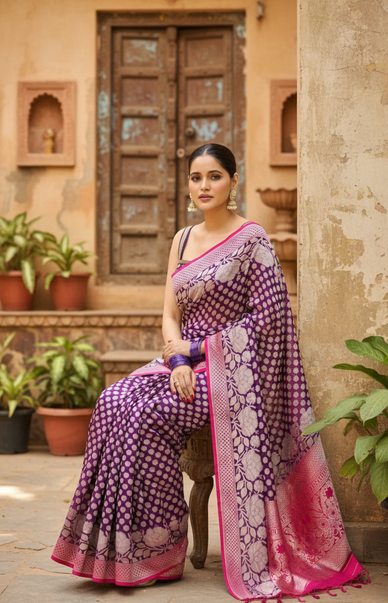 Women's purple silk printed saree with unstitched blouse  5