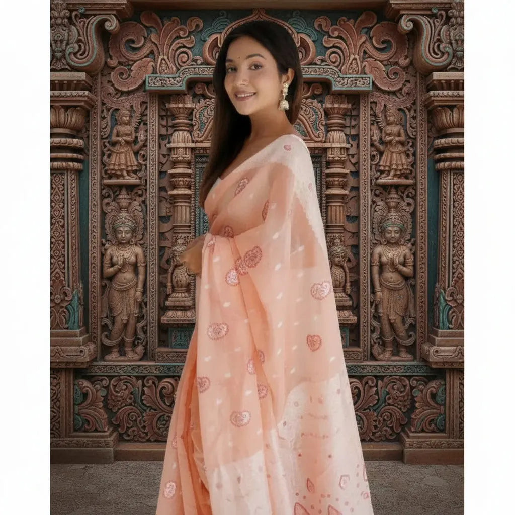 Women's Cotton  Printed Saree With Unstitched Blouse 5.5Mtr (Peach) Kashvii
