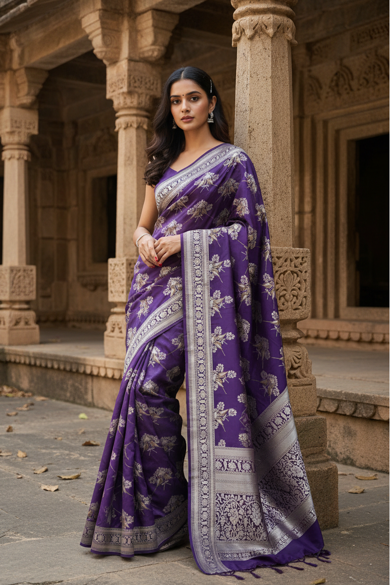 Women's Silk Printed Saree With Unstitched Blouse 5.5Mtr (Purple) Kashvii