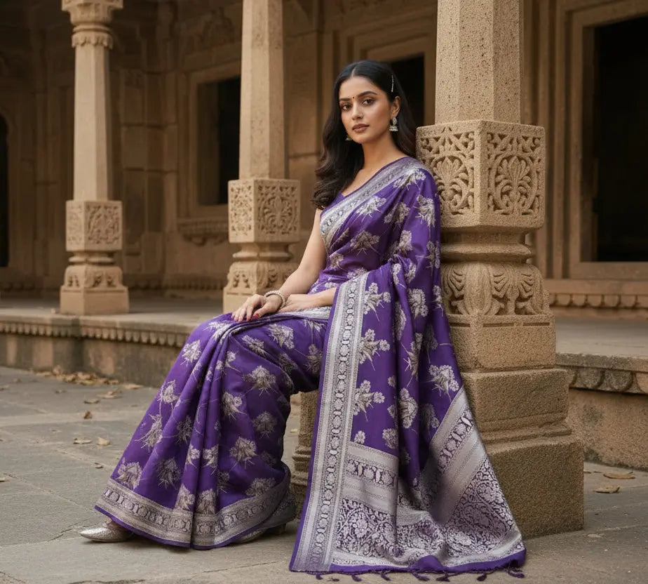 Women's silk printed saree with unstitched blouse 5