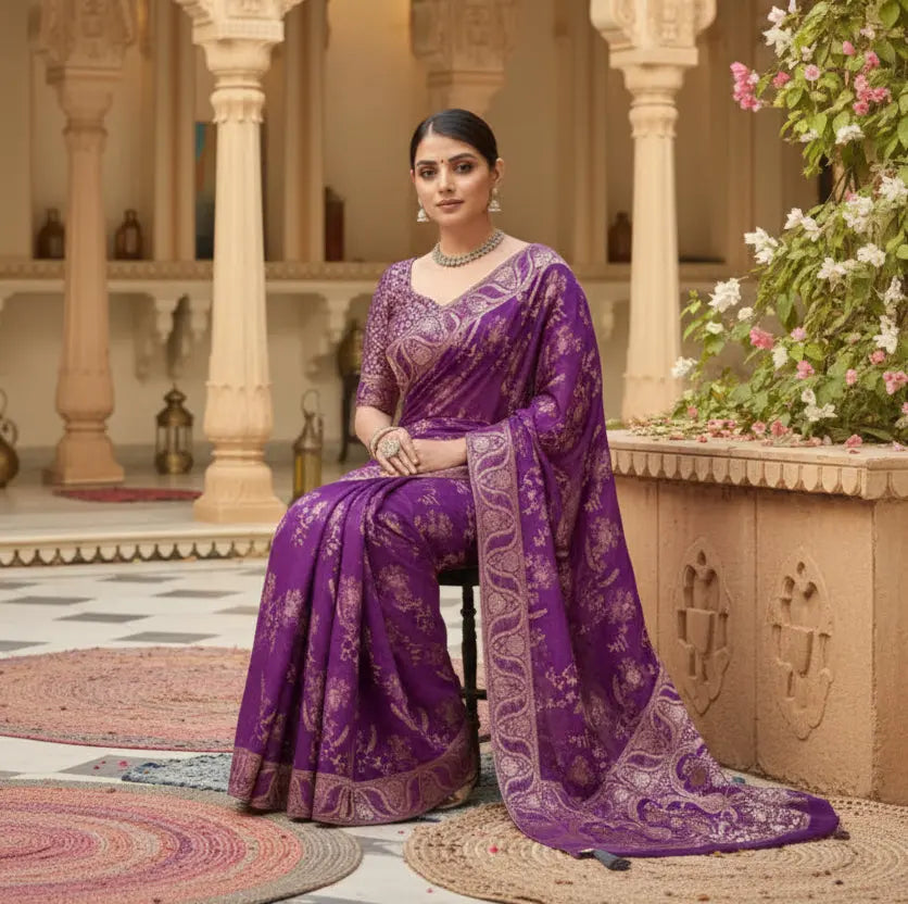 Women's Purple Silk Printed Saree With Unstitched Blouse -5.5Mtr Kashvii