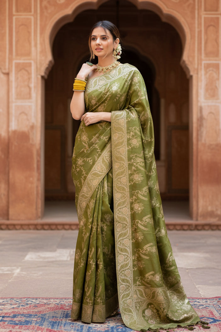 Women's olive green silk printed saree with unstitched blouse  5