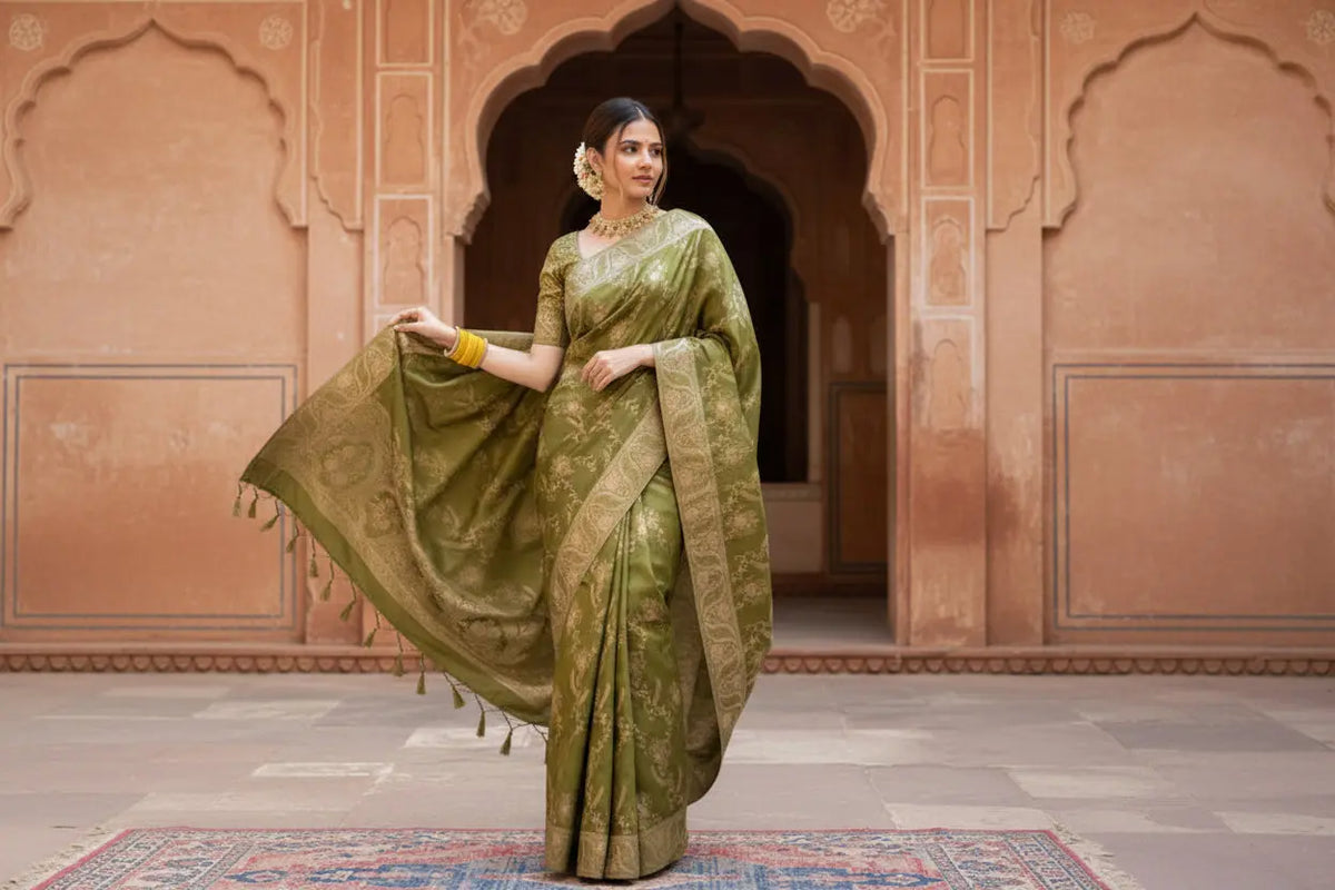 Women's olive green silk printed saree with unstitched blouse  5