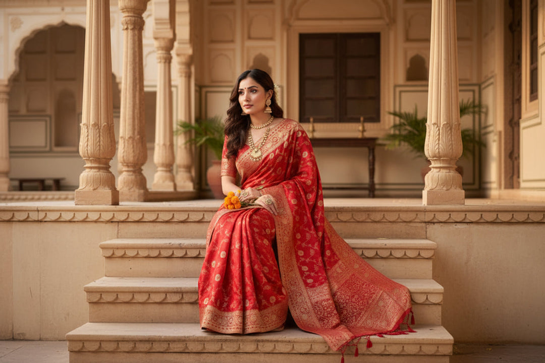 Women's Red Silk Printed Saree With Unstitched Blouse -5.5Mtr Kashvii