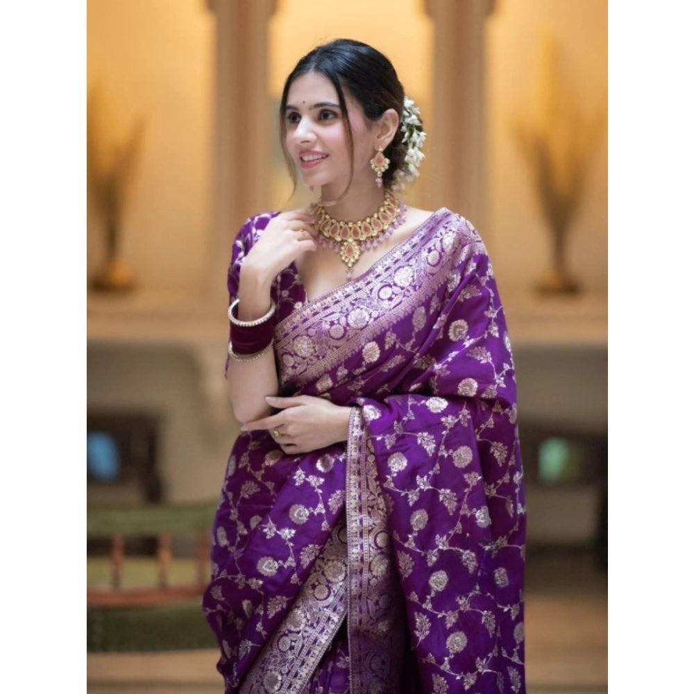 Women's Silk Printed Saree With Unstitched Blouse 5.5Mtr (Purple) Kashvii