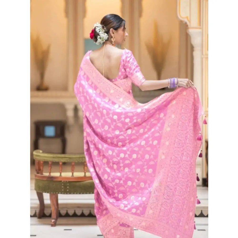 Women's Silk Printed Saree With Unstitched Blouse 5.5Mtr (Pink) Kashvii