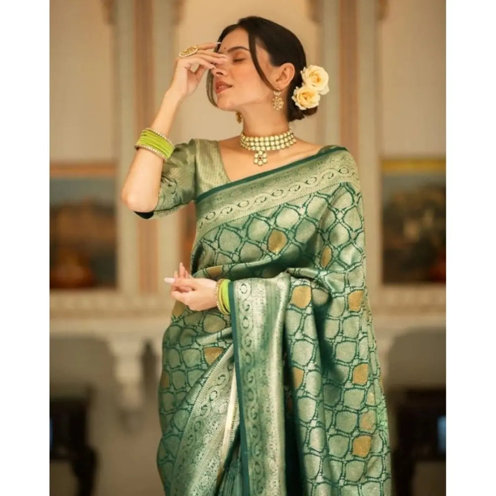 Women's Green Silk Printed Saree With Unstitched Blouse -5.5Mtr Kashvii