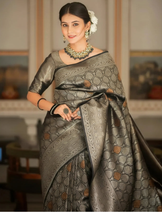 Women's Black Silk Printed Saree With Unstitched Blouse- 5.5Mtr Kashvii