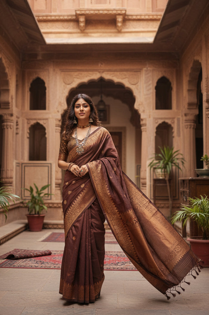 Women's Coffee Silk Printed Saree With Unstitched Blouse -5.5Mtr Kashvii
